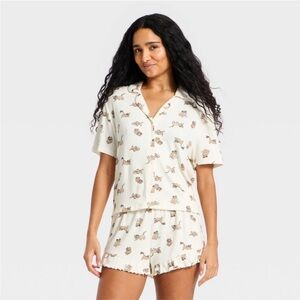 NWT Wild Fable Pointelle Notch Collar Shirt and Shorts Pajama Set in Cream Cats